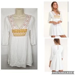Womens Lulus ED16206TSD Sunflower White Embroidered Babydoll Dress BOHO Gauzy XS